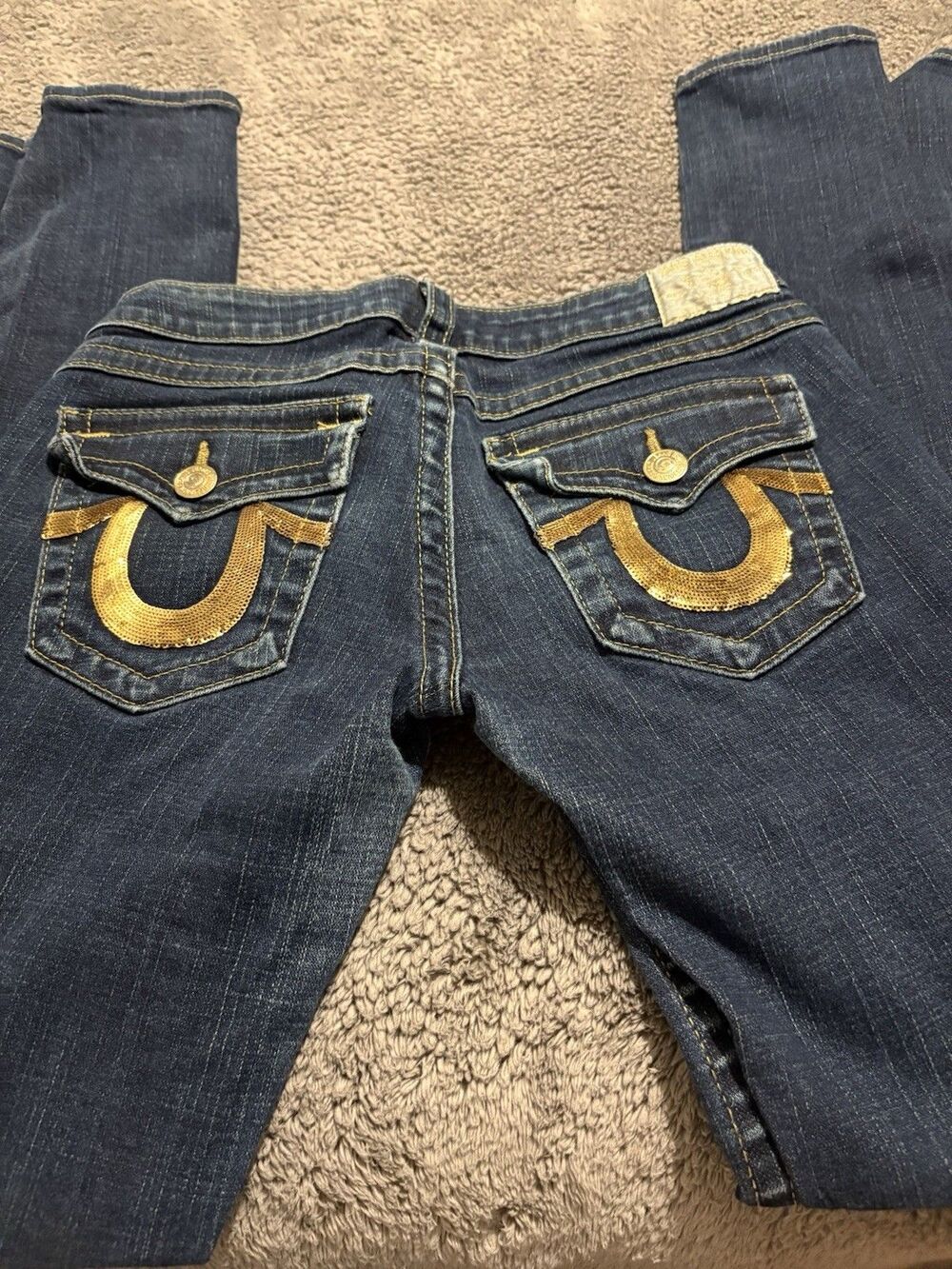 WOMENS TRUE RELIGION JOEY  GOLD SEQUINS HORSESHOE BOOT CUT JEANS 29x32.5-Rare!!